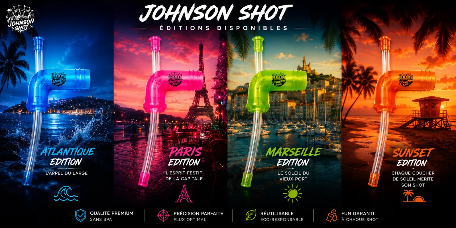 JOHNSON SHOT — les 4 éditions 2026 : Bleu Atlantique, Rose Paris, Vert Marseille et Orange Sunset, chacune sur son décor de bord de mer ou de ville